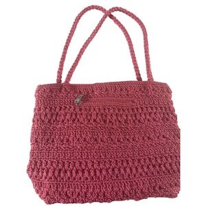 Lina Crochet Shoulder Bag Pink Woven Tote Floral Lining Boho Zipper Pocket